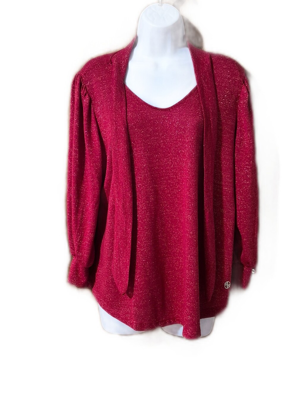 Adrienne Vittadini Womens Red Metallic Knit Sweater With Attached Matching Scarf